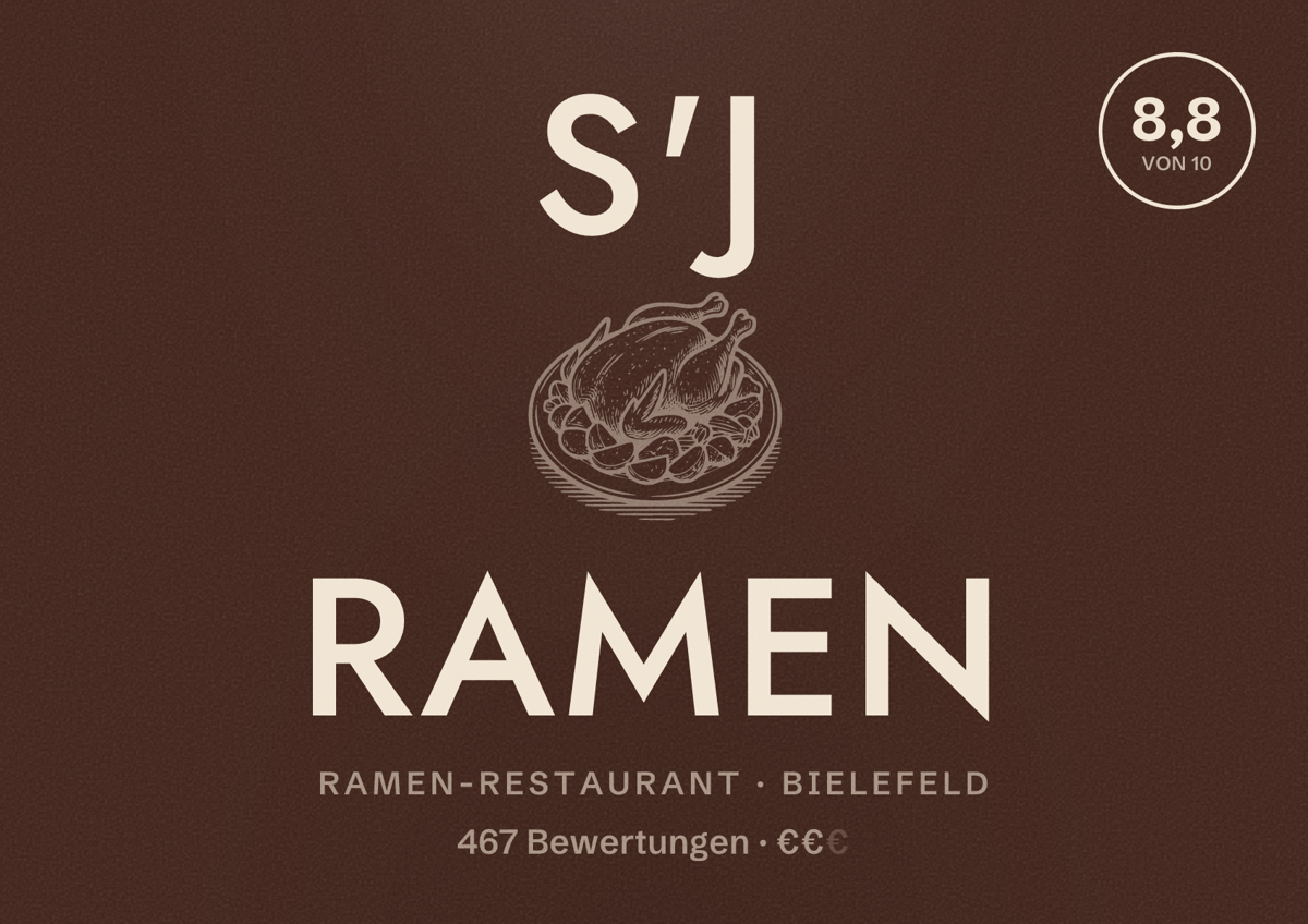 Illustriertes Poster von S'j Ramen, Ramen-Restaurant in Bielefeld: Bewertung 8,8 von 10 aus 467 Bewertungen, Preisniveau €€