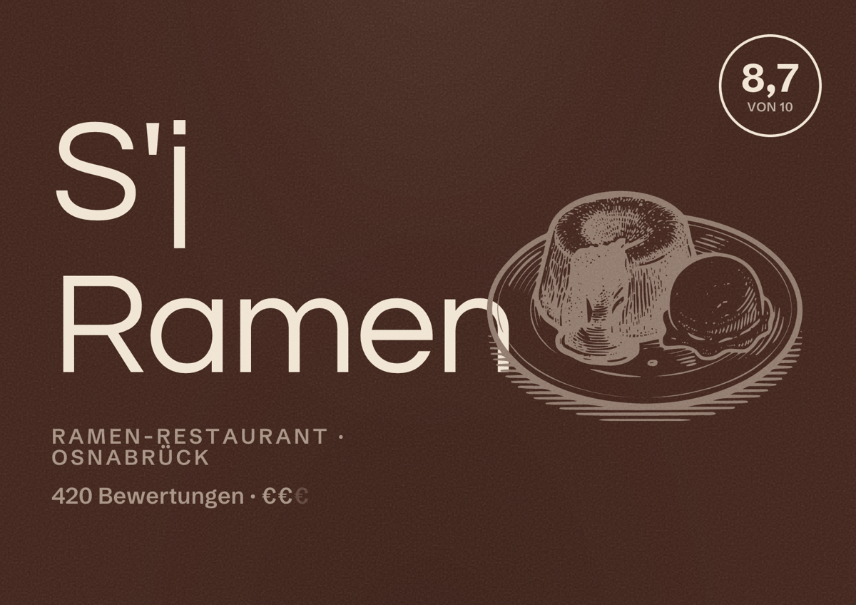 Illustriertes Poster von S'j Ramen, Ramen-Restaurant in Osnabrück: Bewertung 8,7 von 10 aus 420 Bewertungen, Preisniveau €€
