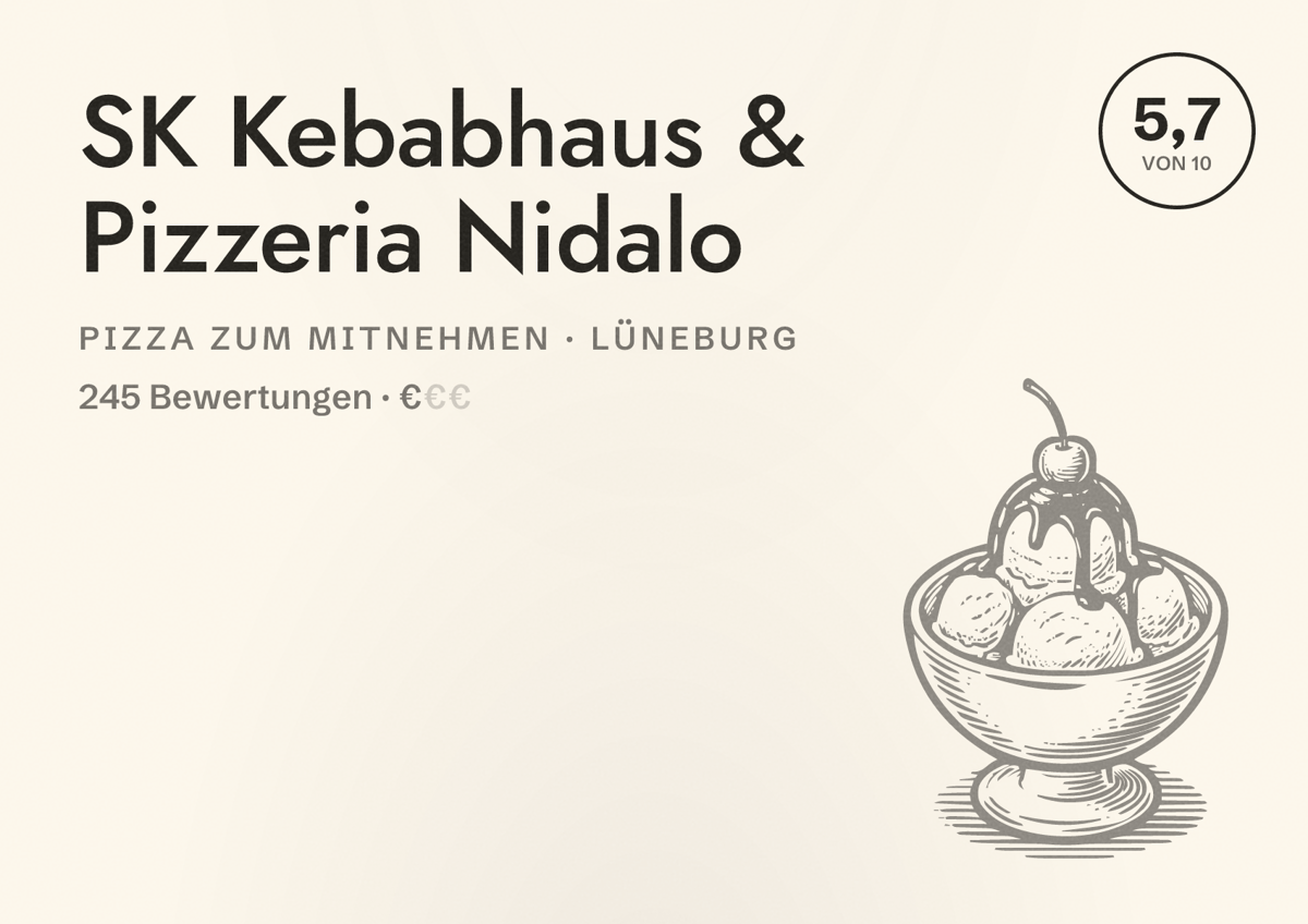Illustriertes Poster von SK Kebabhaus & Pizzeria Nidalo, Pizza zum Mitnehmen in Lüneburg: Bewertung 5,7 von 10 aus 245 Bewertungen, Preisniveau €