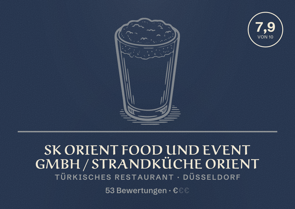 Illustriertes Poster von Sk Orient Food und Event GmbH / Strandküche Orient, Türkisches Restaurant in Düsseldorf: Bewertung 7,9 von 10 aus 53 Bewertungen, Preisniveau €