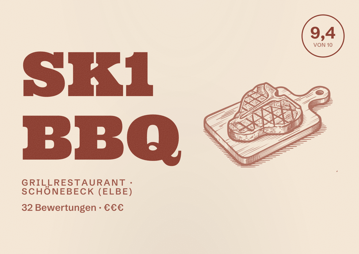 Illustriertes Poster von SK1 BBQ, Grillrestaurant in Schönebeck (Elbe): Bewertung 9,4 von 10 aus 32 Bewertungen, Preisniveau €€€