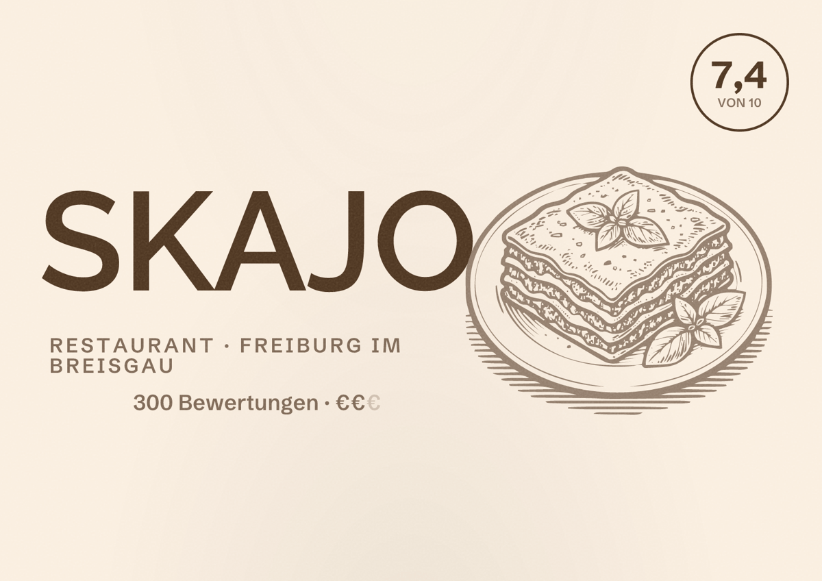 Illustriertes Poster von SKAJO, Restaurant in Freiburg im Breisgau: Bewertung 7,4 von 10 aus 300 Bewertungen, Preisniveau €€