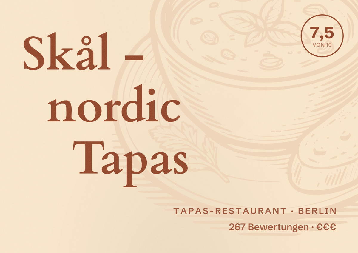 Illustriertes Poster von Skål - nordic Tapas, Tapas-Restaurant in Berlin: Bewertung 7,5 von 10 aus 267 Bewertungen, Preisniveau €€€