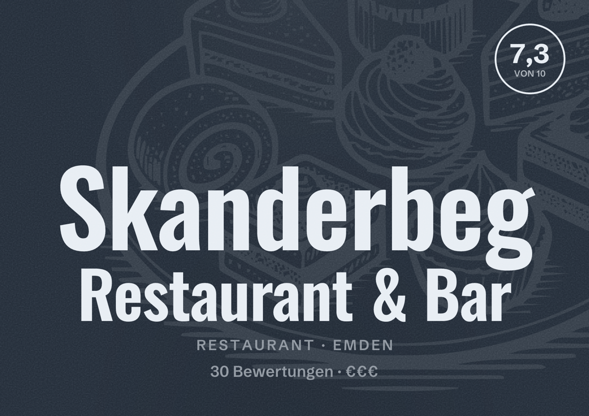Illustriertes Poster von Skanderbeg Restaurant & Bar, Restaurant in Emden: Bewertung 7,3 von 10 aus 30 Bewertungen, Preisniveau €€€