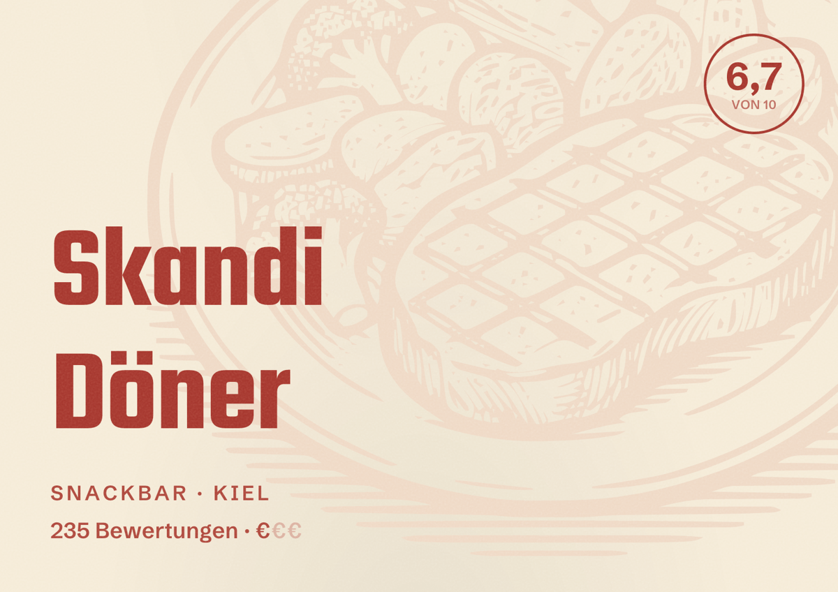 Illustriertes Poster von Skandi Döner, Snackbar in Kiel: Gästebewertung 6,7 von 10 aus 235 Bewertungen