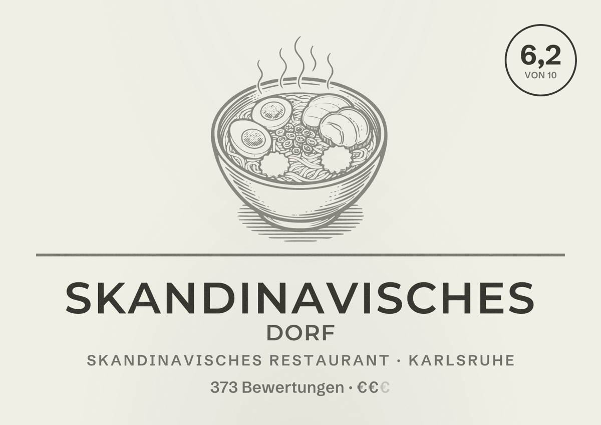 Illustriertes Poster von Skandinavisches Dorf, Skandinavisches Restaurant in Karlsruhe: Bewertung 6,2 von 10 aus 373 Bewertungen, Preisniveau €€