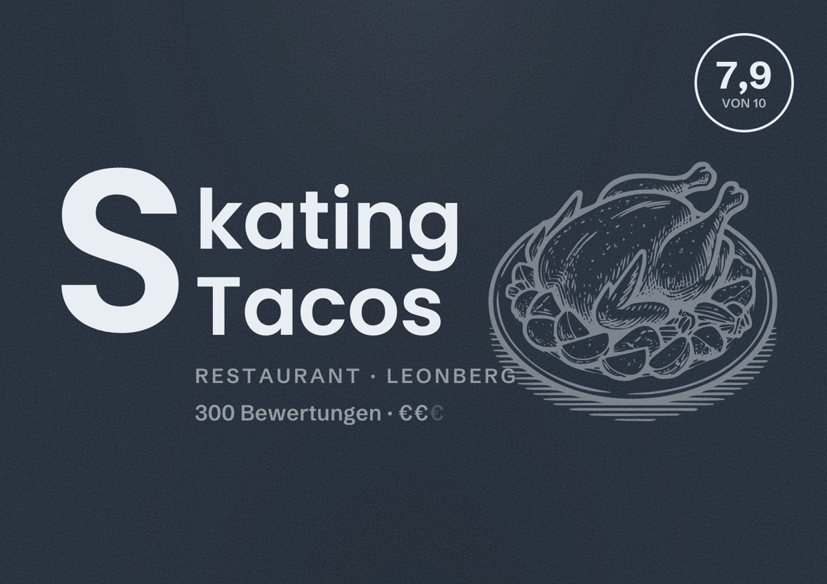 Illustriertes Poster von Skating Tacos, Restaurant in Leonberg: Bewertung 7,9 von 10 aus 300 Bewertungen, Preisniveau €€