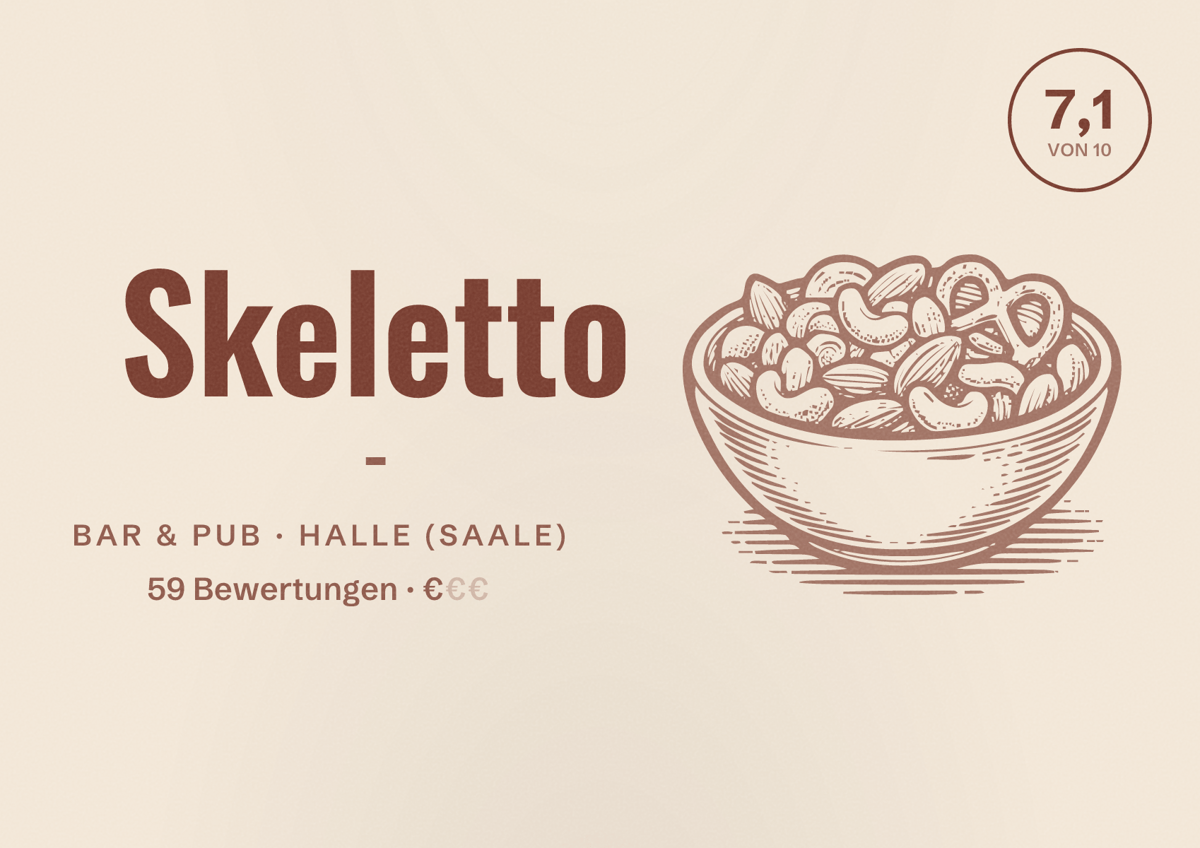 Illustriertes Poster von Skeletto -, Bar & Pub in Halle (Saale): Bewertung 7,1 von 10 aus 59 Bewertungen, Preisniveau €