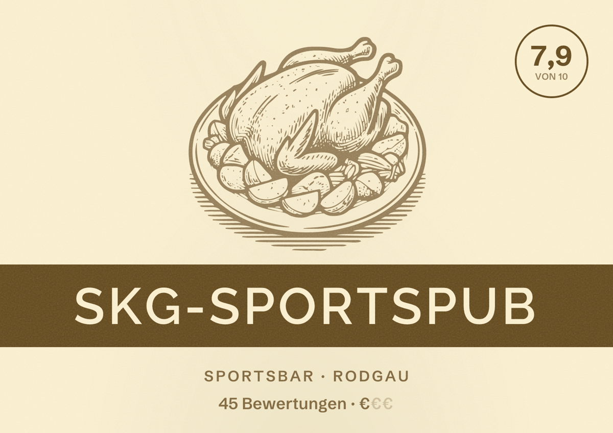 Illustriertes Poster von SKG-Sportspub, Sportsbar in Rodgau: Bewertung 7,9 von 10 aus 45 Bewertungen, Preisniveau €