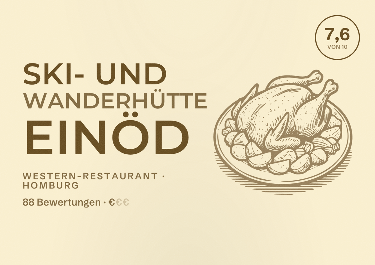Illustriertes Poster von Ski- und Wanderhütte Einöd, Western-Restaurant in Homburg: Bewertung 7,6 von 10 aus 88 Bewertungen, Preisniveau €