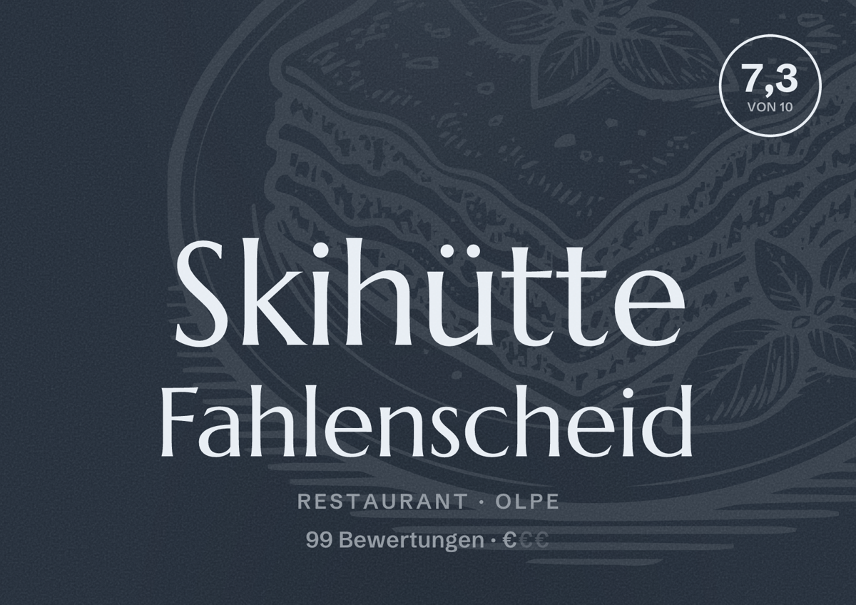 Illustriertes Poster von Skihütte Fahlenscheid, Restaurant in Olpe: Bewertung 7,3 von 10 aus 99 Bewertungen, Preisniveau €
