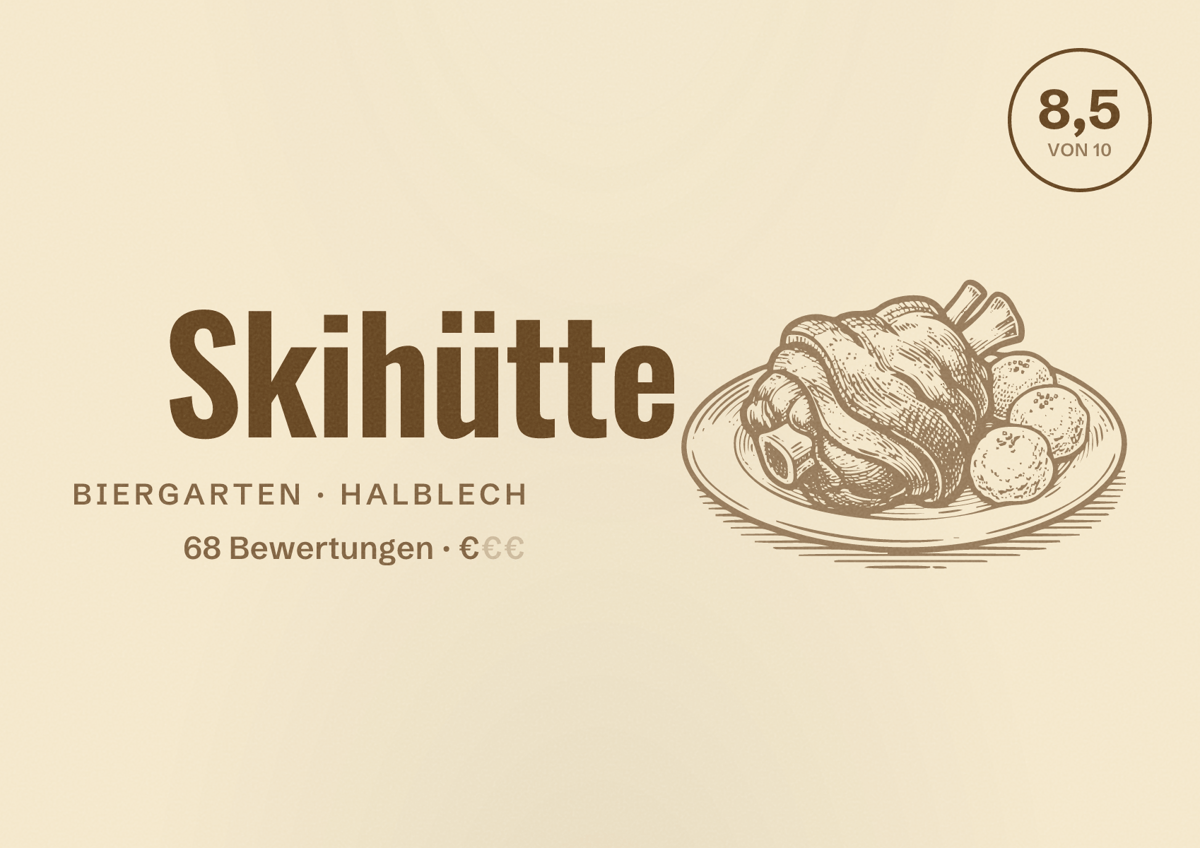Illustriertes Poster von Skihütte, Biergarten in Halblech: Bewertung 8,5 von 10 aus 68 Bewertungen, Preisniveau €
