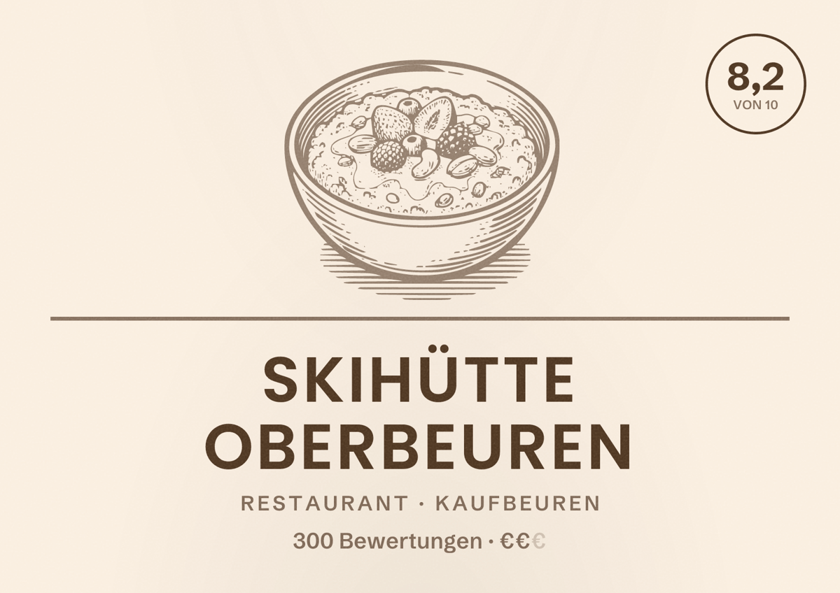 Illustriertes Poster von Skihütte Oberbeuren, Restaurant in Kaufbeuren: Bewertung 8,2 von 10 aus 300 Bewertungen, Preisniveau €€