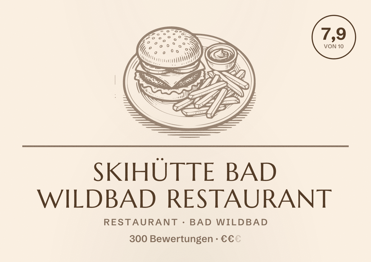 Illustriertes Poster von Skihütte Bad Wildbad Restaurant, Restaurant in Bad Wildbad: Bewertung 7,9 von 10 aus 300 Bewertungen, Preisniveau €€