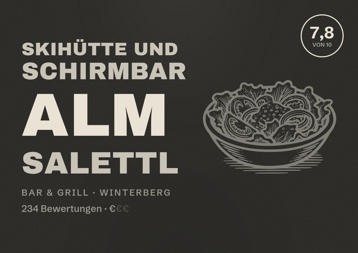 Illustriertes Poster von Skihütte und Schirmbar Alm Salettl, Bar & Grill in Winterberg: Bewertung 7,8 von 10 aus 234 Bewertungen, Preisniveau €