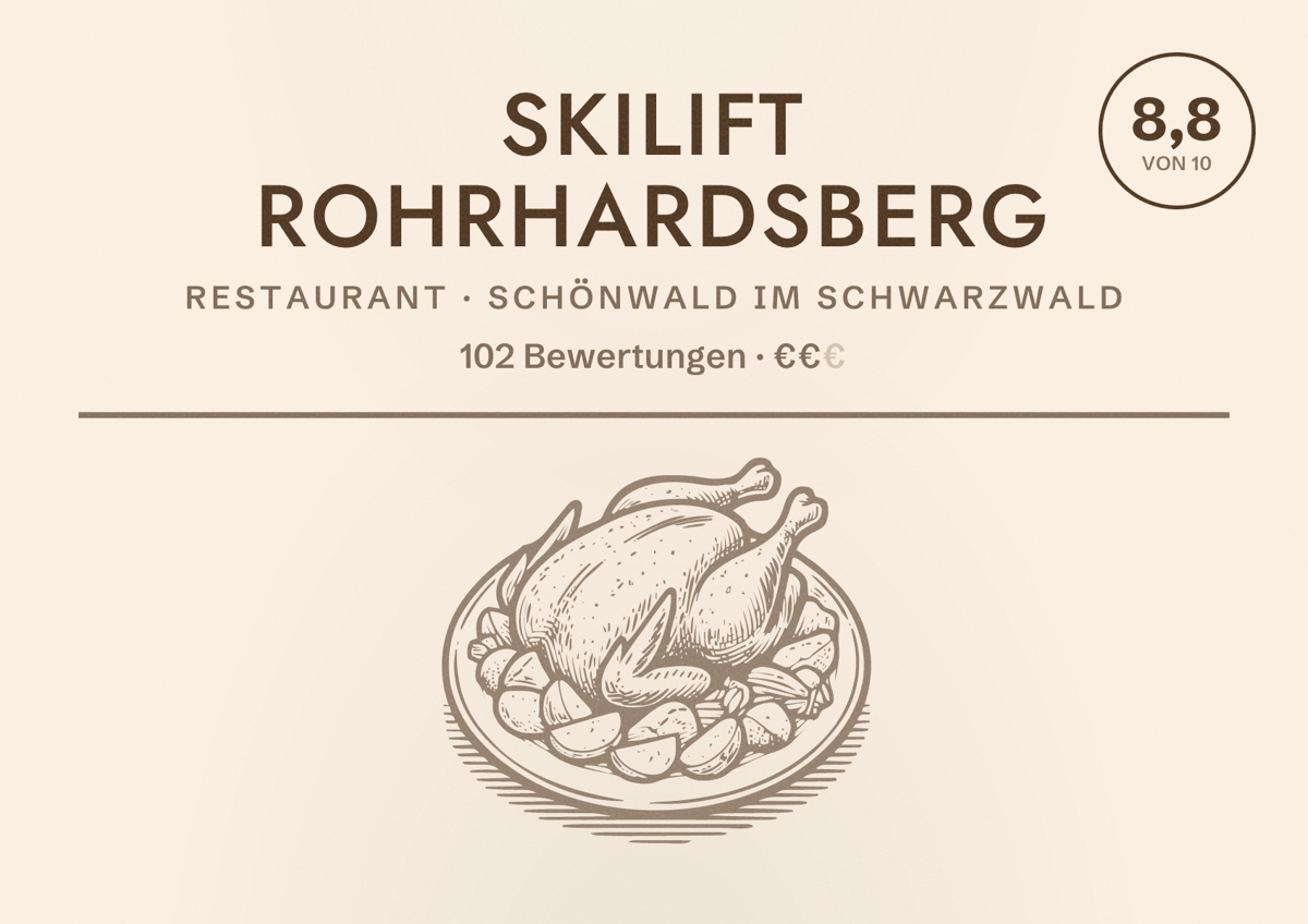Illustriertes Poster von Skilift Rohrhardsberg, Restaurant in Schönwald im Schwarzwald: Bewertung 8,8 von 10 aus 102 Bewertungen, Preisniveau €€