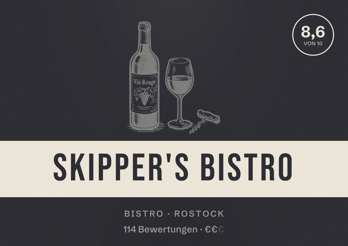 Illustriertes Poster von Skipper's Bistro, Bistro in Rostock: Bewertung 8,6 von 10 aus 114 Bewertungen, Preisniveau €€