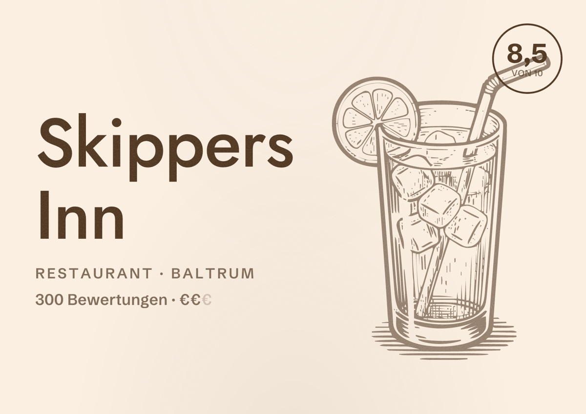 Illustriertes Poster von Skippers Inn, Restaurant in Baltrum: Bewertung 8,5 von 10 aus 300 Bewertungen, Preisniveau €€