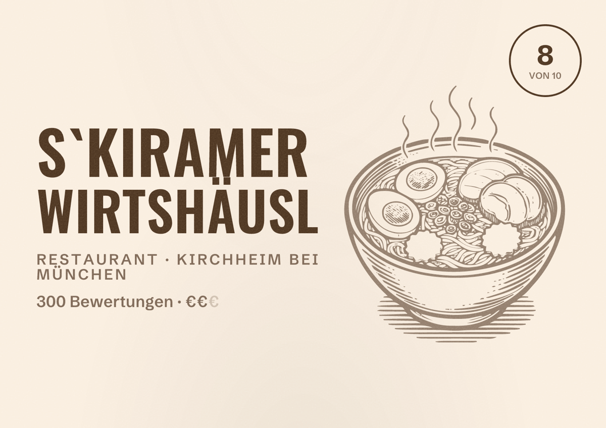 Illustriertes Poster von s`Kiramer Wirtshäusl, Restaurant in Kirchheim bei München: Bewertung 8 von 10 aus 300 Bewertungen, Preisniveau €€
