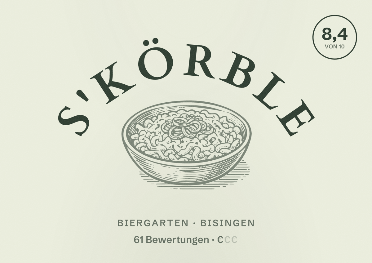 Illustriertes Poster von s'Körble, Biergarten in Bisingen: Bewertung 8,4 von 10 aus 61 Bewertungen, Preisniveau €