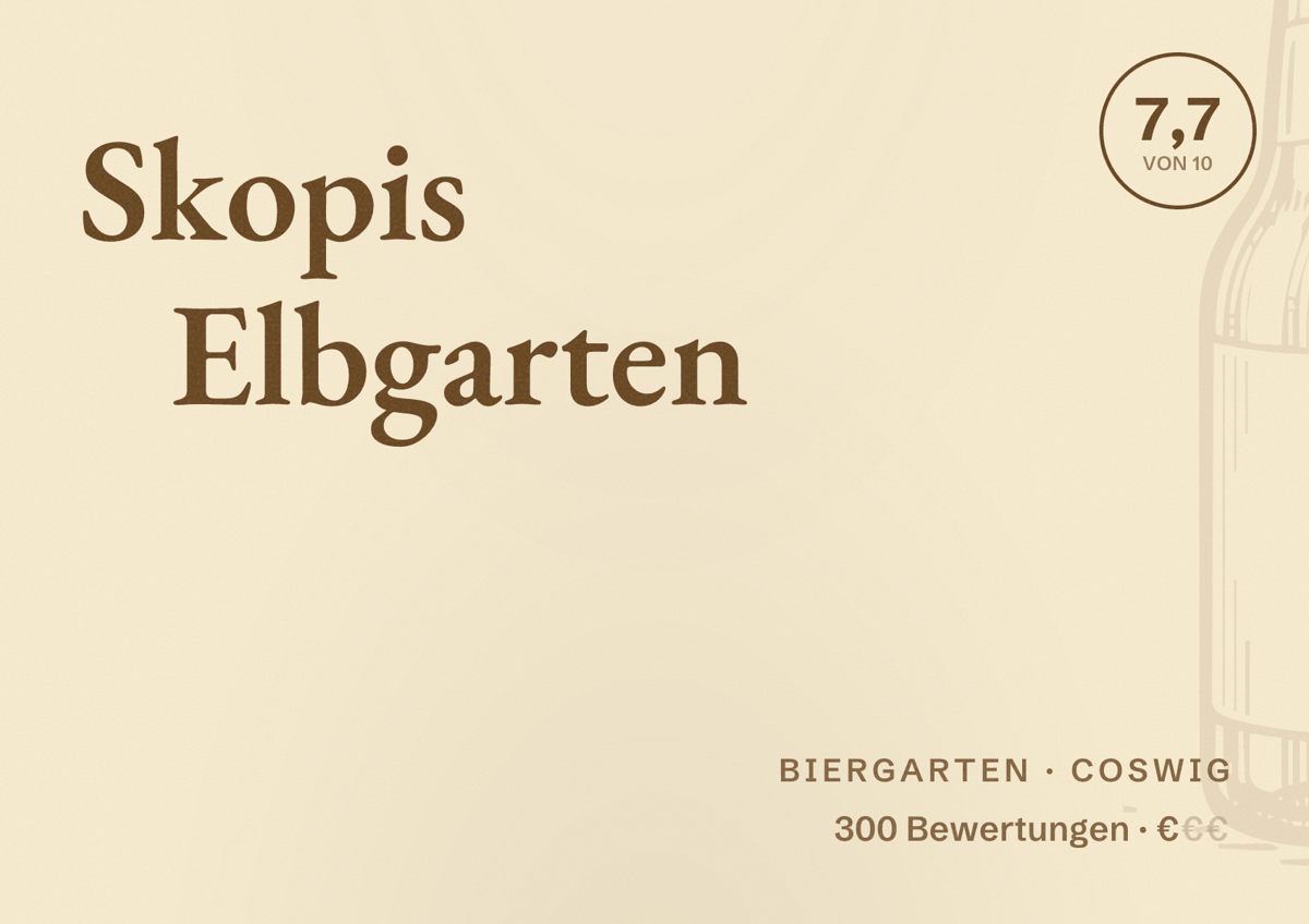 Illustriertes Poster von Skopis Elbgarten, Biergarten in Coswig: Bewertung 7,7 von 10 aus 300 Bewertungen, Preisniveau €