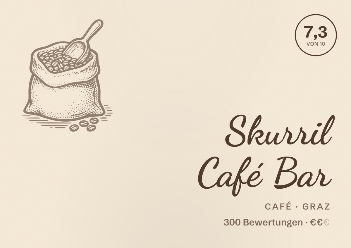 Illustriertes Poster von Skurril Café Bar, Café in Graz: Bewertung 7,3 von 10 aus 300 Bewertungen, Preisniveau €€