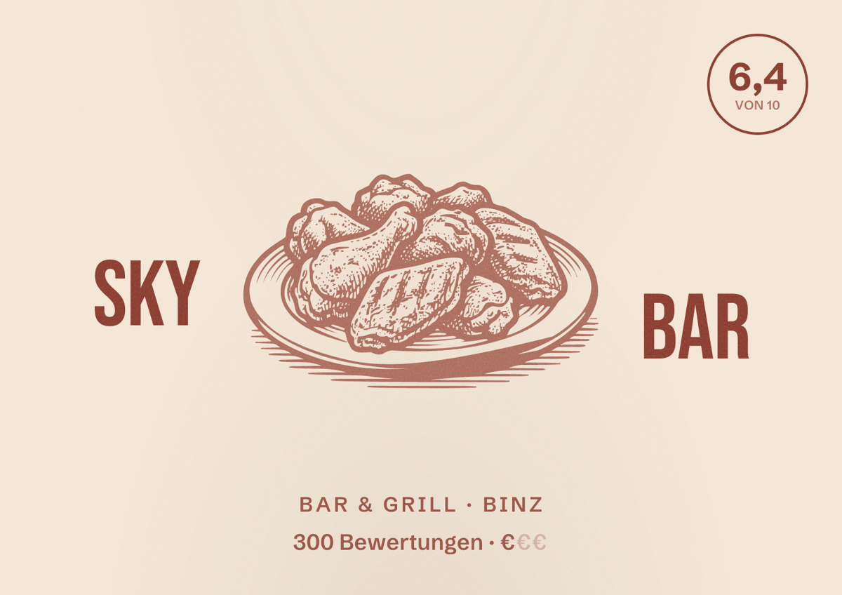 Illustriertes Poster von Sky Bar, Bar & Grill in Binz: Bewertung 6,4 von 10 aus 300 Bewertungen, Preisniveau €