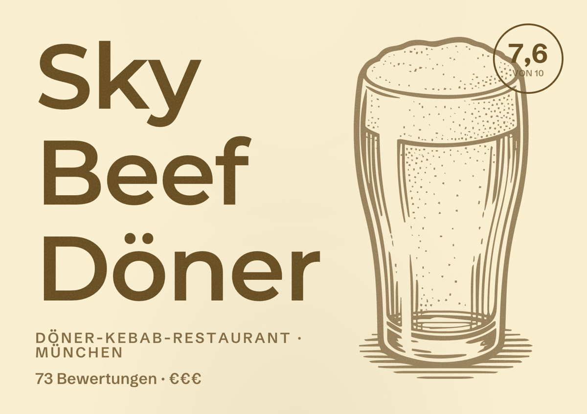 Illustriertes Poster von Sky Beef Döner, Döner-Kebab-Restaurant in München: Bewertung 7,6 von 10 aus 73 Bewertungen, Preisniveau €€€