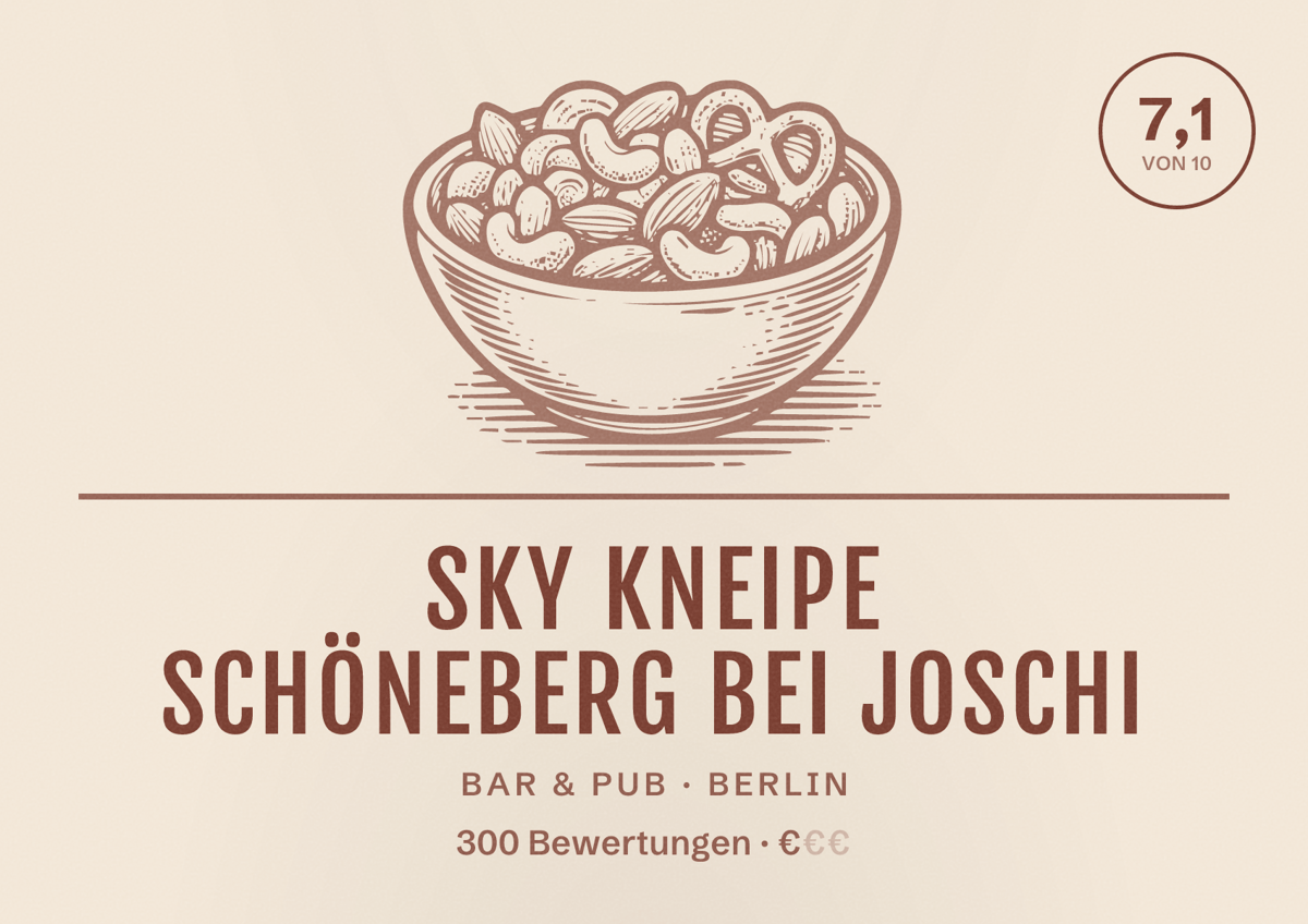 Illustriertes Poster von Sky Kneipe Schöneberg Bei Joschi, Bar & Pub in Berlin: Bewertung 7,1 von 10 aus 300 Bewertungen, Preisniveau €