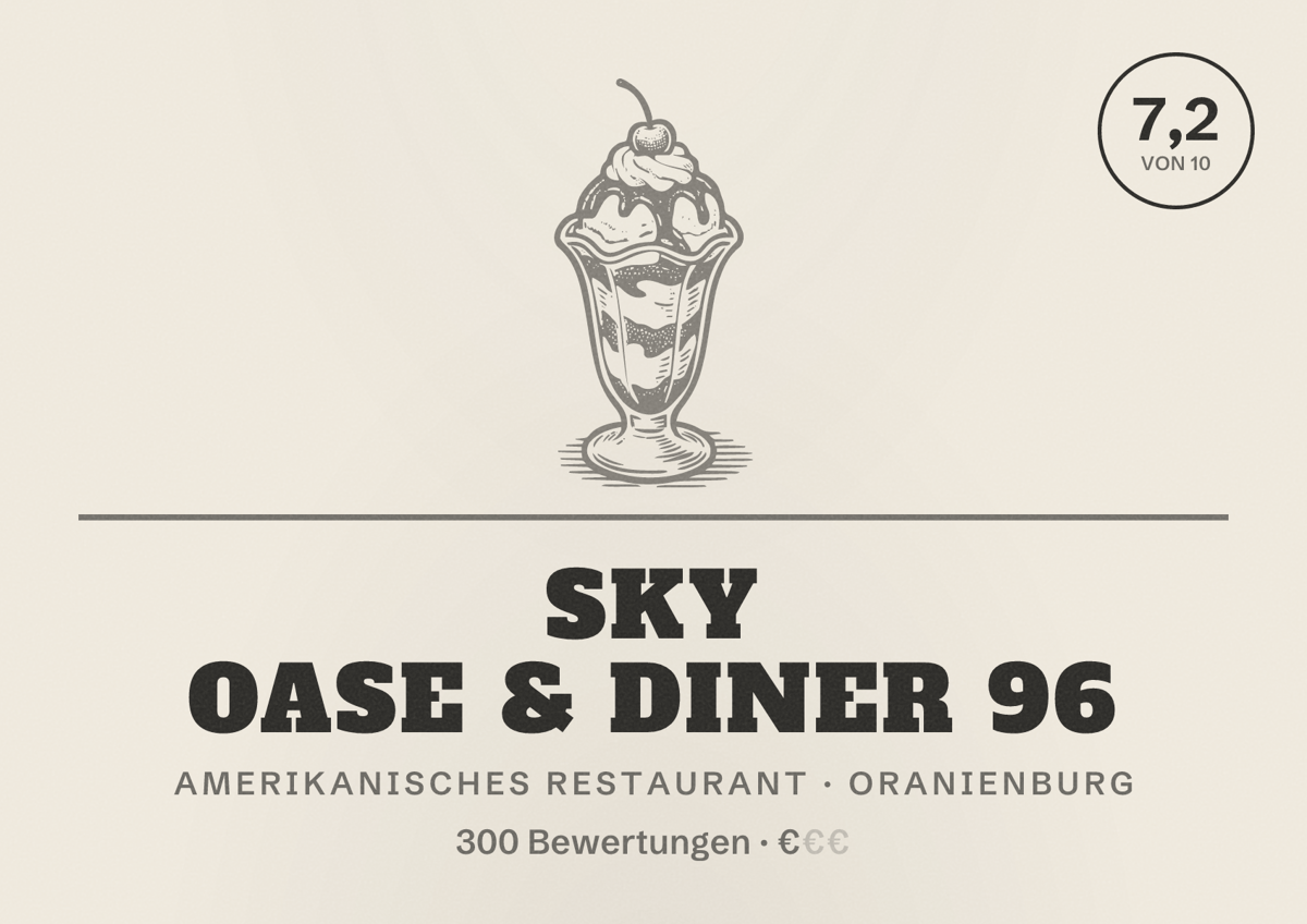 Illustriertes Poster von Sky Oase & Diner 96, Amerikanisches Restaurant in Oranienburg: Bewertung 7,2 von 10 aus 300 Bewertungen, Preisniveau €