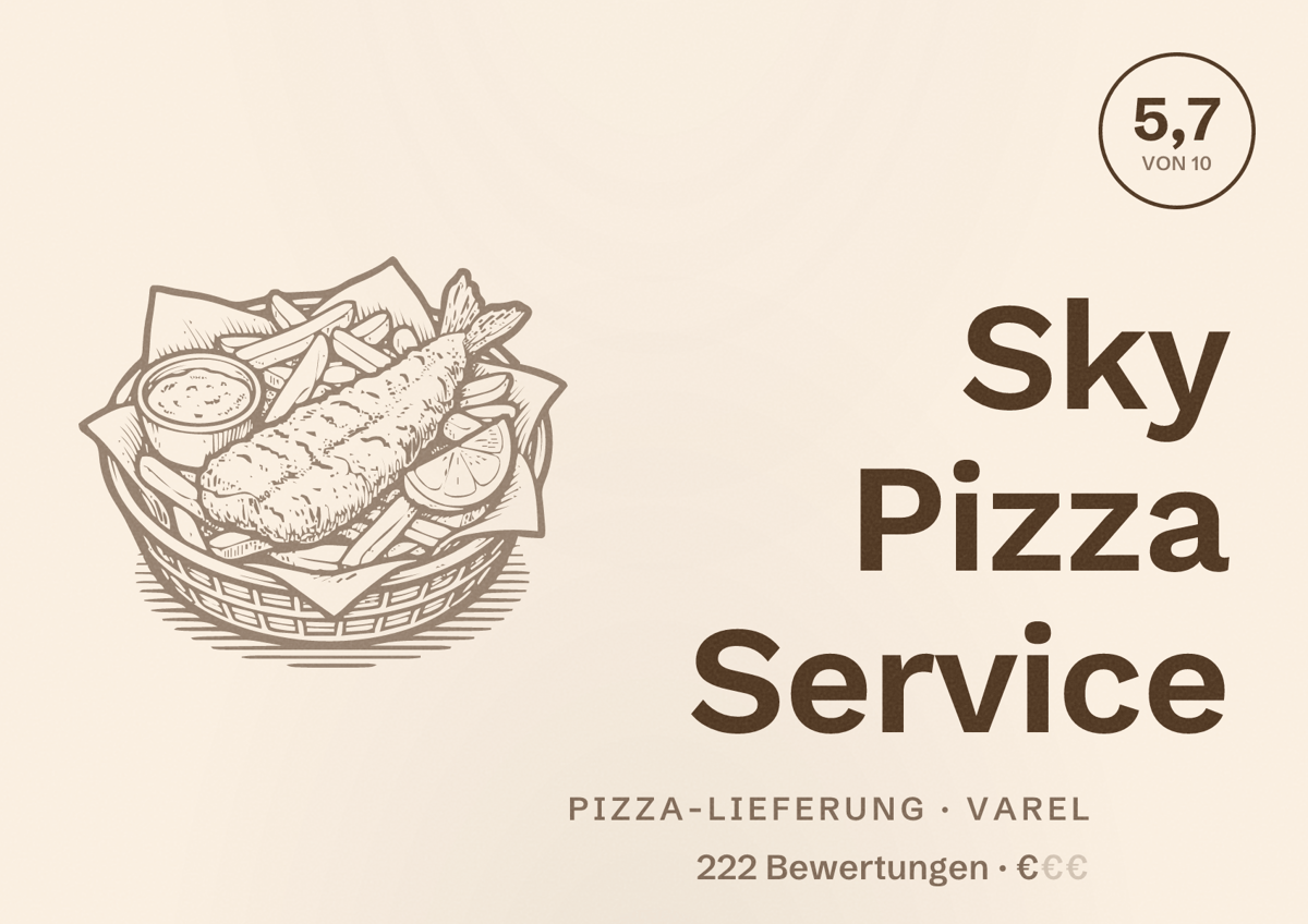 Illustriertes Poster von Sky Pizza Service, Pizza-Lieferung in Varel: Bewertung 5,7 von 10 aus 222 Bewertungen, Preisniveau €