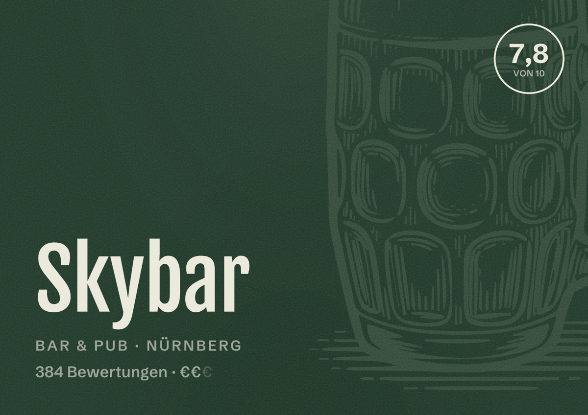Illustriertes Poster von Skybar, Bar & Pub in Nürnberg: Bewertung 7,8 von 10 aus 384 Bewertungen, Preisniveau €€