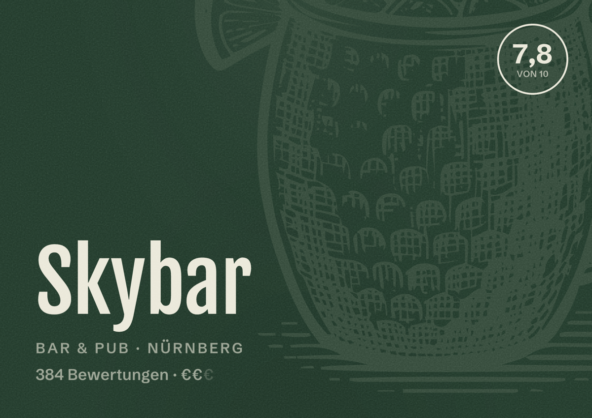 Illustriertes Poster von Skybar, Bar & Pub in Nürnberg: Bewertung 7,8 von 10 aus 384 Bewertungen, Preisniveau €€