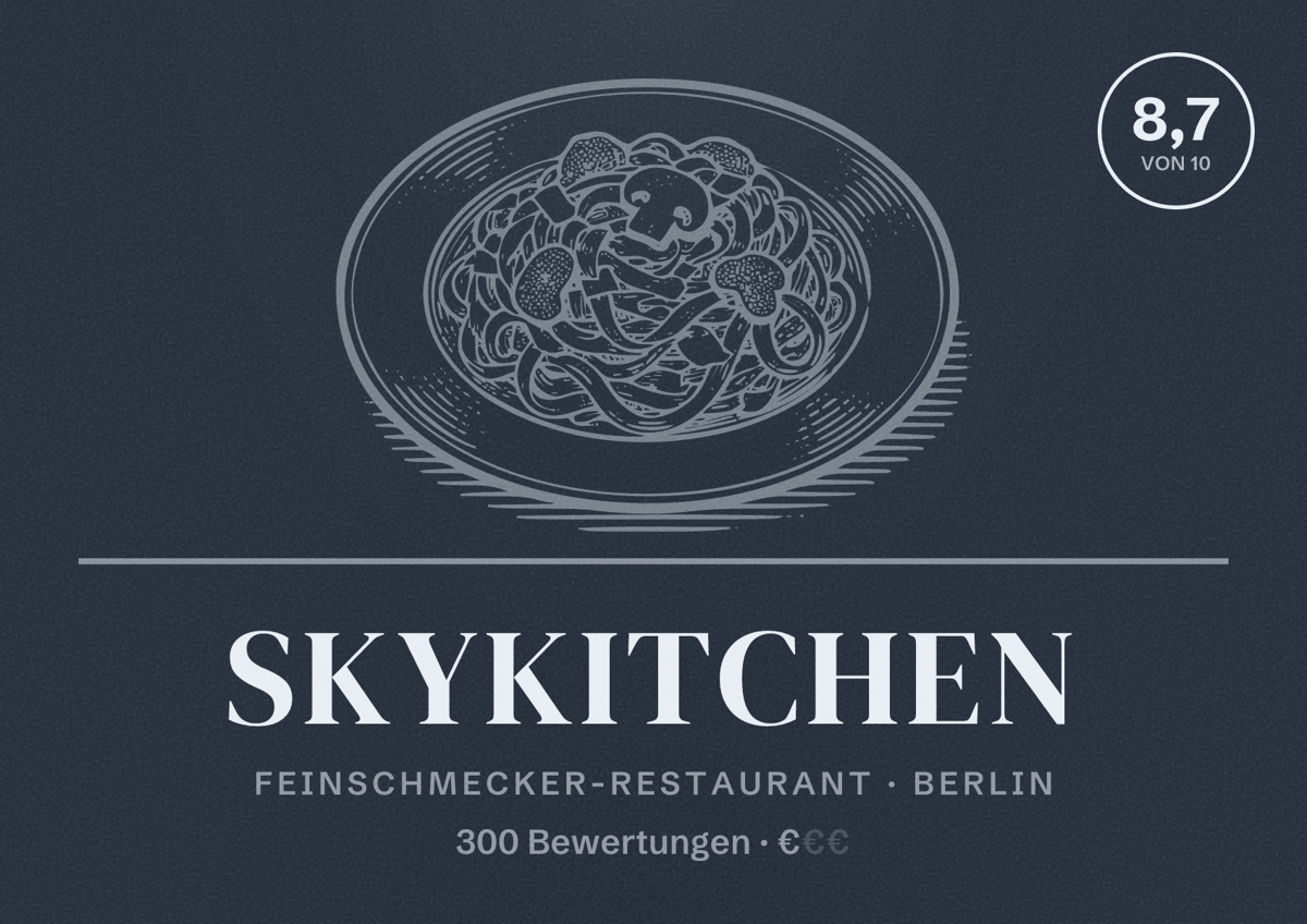 Illustriertes Poster von Skykitchen, Feinschmecker-Restaurant in Berlin: Bewertung 8,7 von 10 aus 300 Bewertungen, Preisniveau €