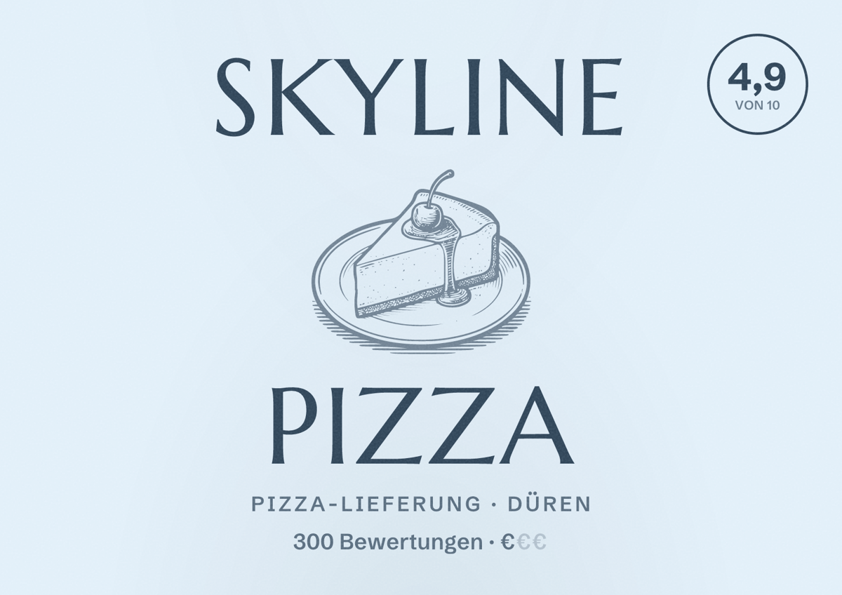 Illustriertes Poster von Skyline Pizza, Pizza-Lieferung in Düren: Bewertung 4,9 von 10 aus 300 Bewertungen, Preisniveau €