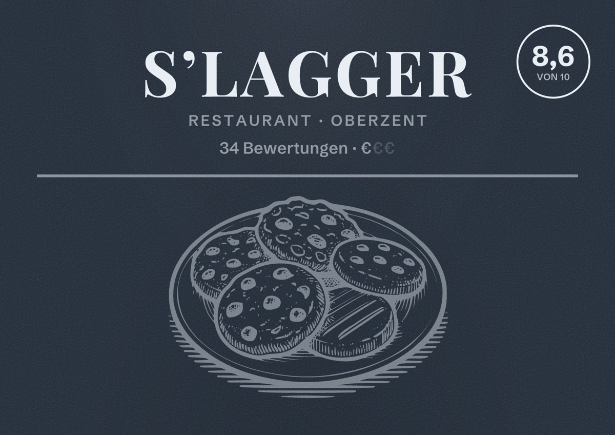 Illustriertes Poster von S’Lagger, Restaurant in Oberzent: Bewertung 8,6 von 10 aus 34 Bewertungen, Preisniveau €
