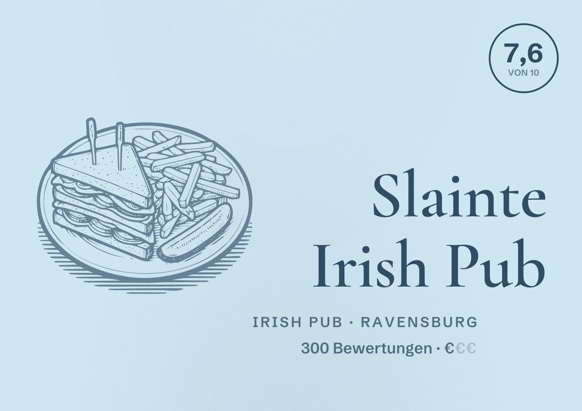 Illustriertes Poster von Slainte Irish Pub, Irish Pub in Ravensburg: Bewertung 7,6 von 10 aus 300 Bewertungen, Preisniveau €