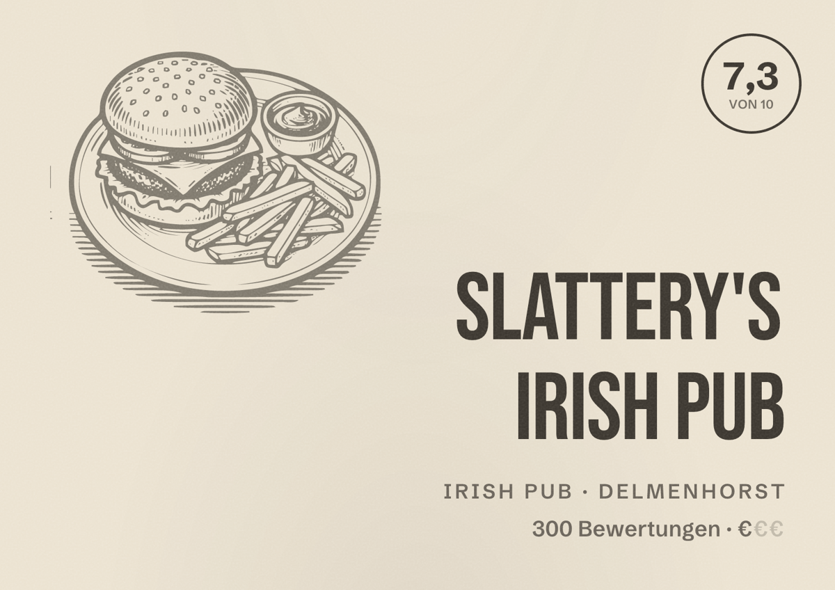 Illustriertes Poster von Slattery's Irish Pub, Irish Pub in Delmenhorst: Bewertung 7,3 von 10 aus 300 Bewertungen, Preisniveau €