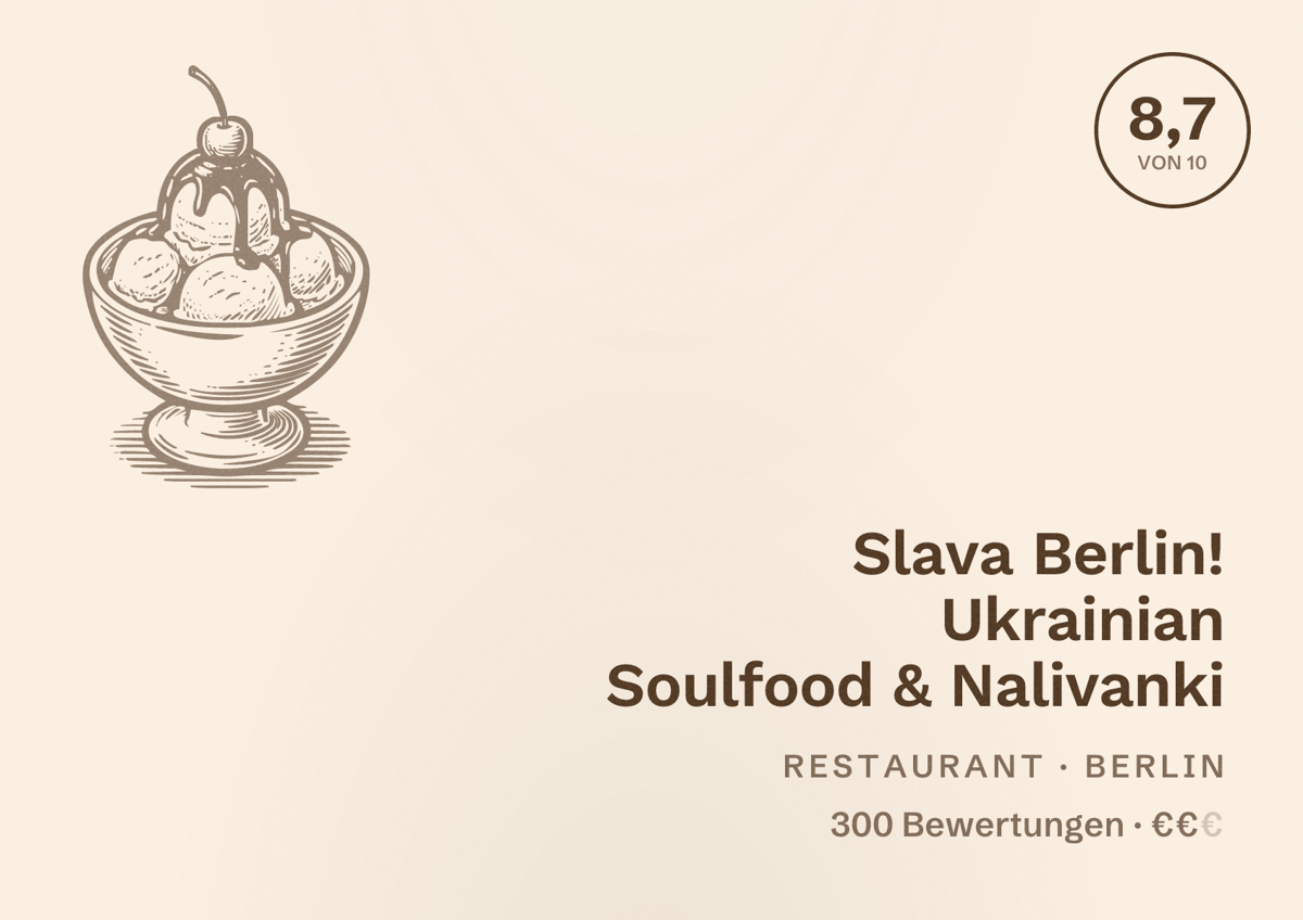 Illustriertes Poster von Slava Berlin! Ukrainian Soulfood & Nalivanki, Restaurant in Berlin: Bewertung 8,7 von 10 aus 300 Bewertungen, Preisniveau €€