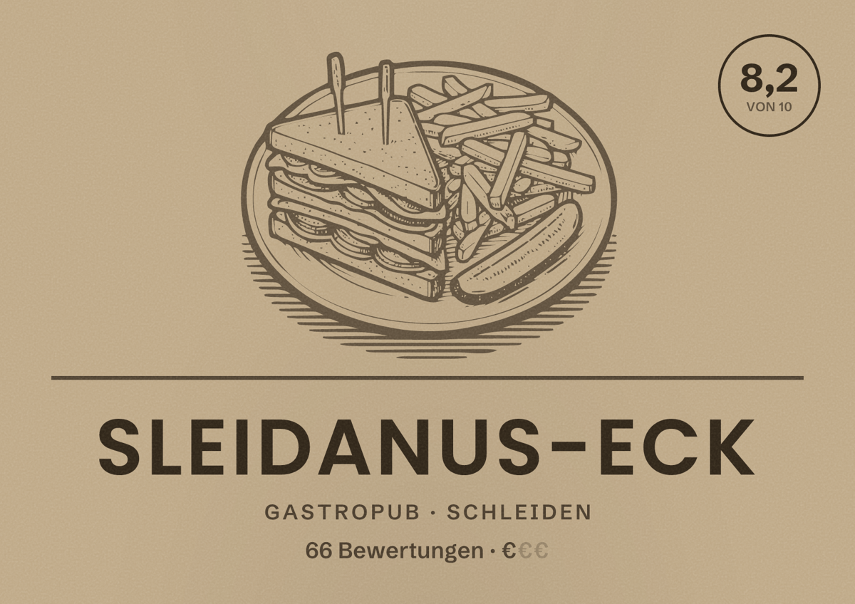 Illustriertes Poster von Sleidanus-Eck, Gastropub in Schleiden: Bewertung 8,2 von 10 aus 66 Bewertungen, Preisniveau €