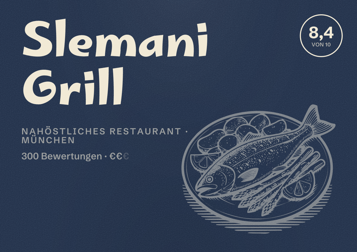 Illustriertes Poster von Slemani Grill, Nahöstliches Restaurant in München: Bewertung 8,4 von 10 aus 300 Bewertungen, Preisniveau €€