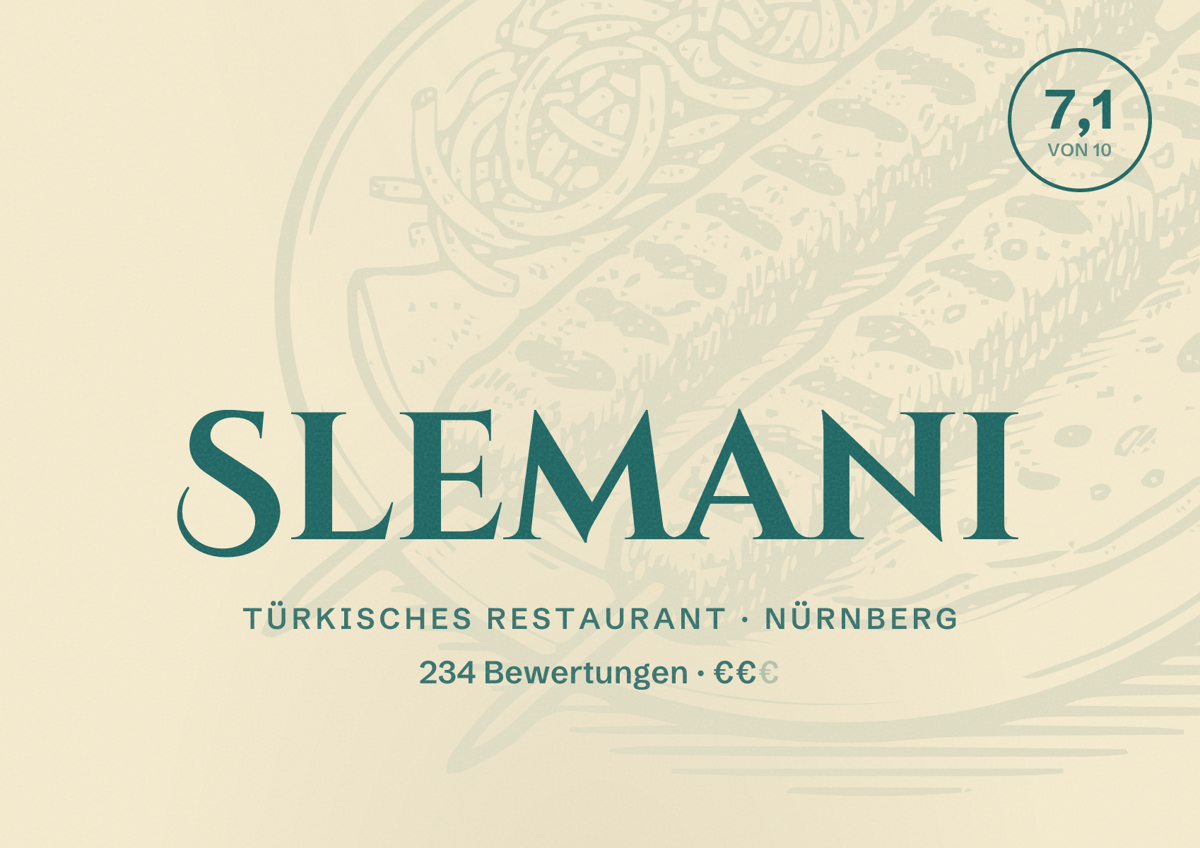 Illustriertes Poster von Slemani, Türkisches Restaurant in Nürnberg: Bewertung 7,1 von 10 aus 234 Bewertungen, Preisniveau €€