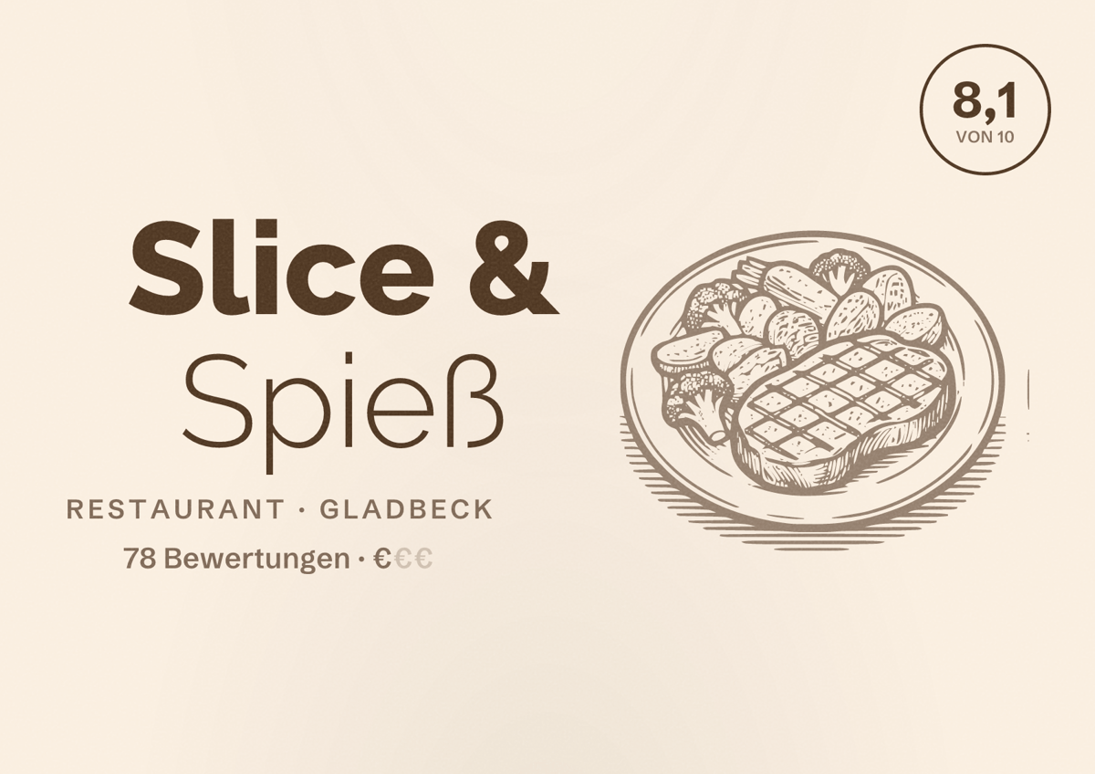 Illustriertes Poster von Slice & Spieß, Restaurant in Gladbeck: Bewertung 8,1 von 10 aus 78 Bewertungen, Preisniveau €