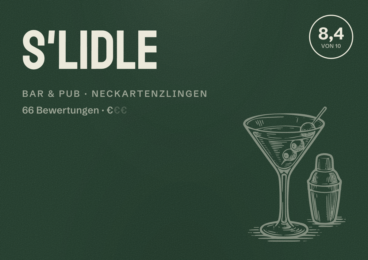 Illustriertes Poster von s'Lidle, Bar & Pub in Neckartenzlingen: Bewertung 8,4 von 10 aus 66 Bewertungen, Preisniveau €