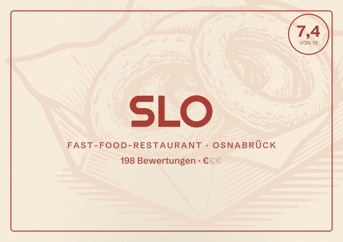 Illustriertes Poster von SLO, Fast-Food-Restaurant in Osnabrück: Bewertung 7,4 von 10 aus 198 Bewertungen, Preisniveau €