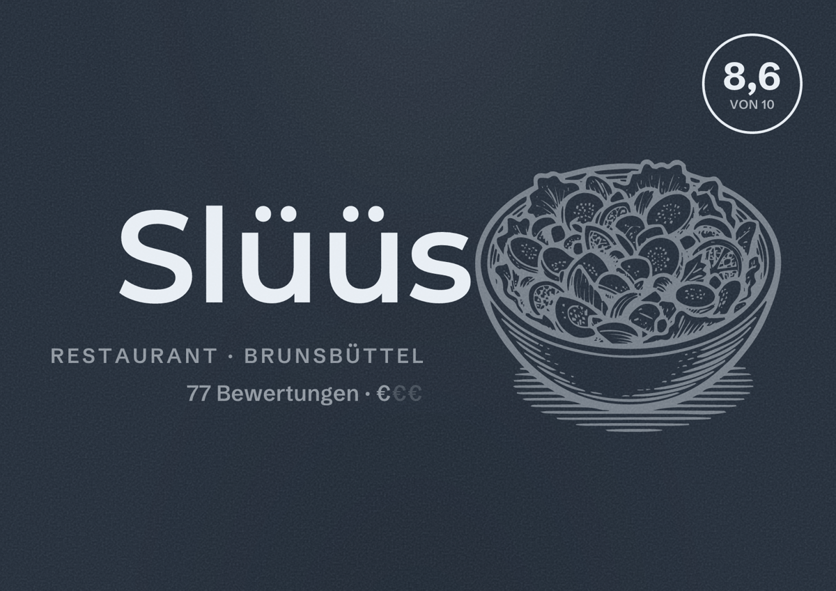 Illustriertes Poster von Slüüs, Restaurant in Brunsbüttel: Bewertung 8,6 von 10 aus 77 Bewertungen, Preisniveau €