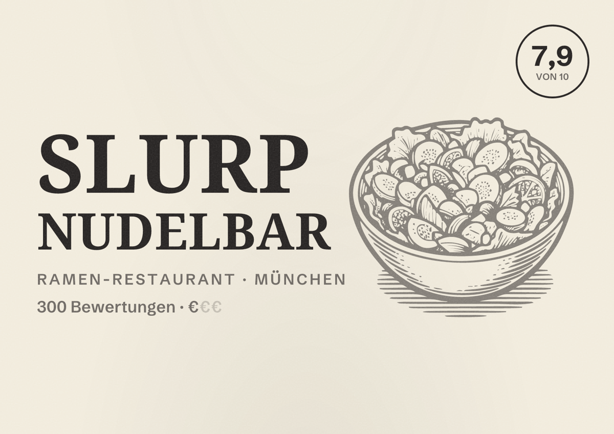 Illustriertes Poster von Slurp Nudelbar, Ramen-Restaurant in München: Bewertung 7,9 von 10 aus 300 Bewertungen, Preisniveau €