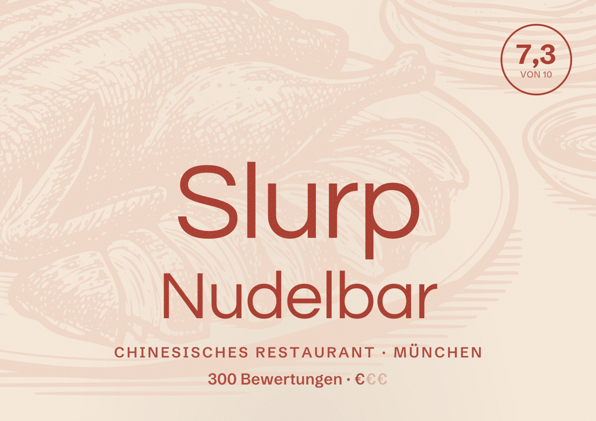 Illustriertes Poster von Slurp Nudelbar, Chinesisches Restaurant in München: Bewertung 7,3 von 10 aus 300 Bewertungen, Preisniveau €