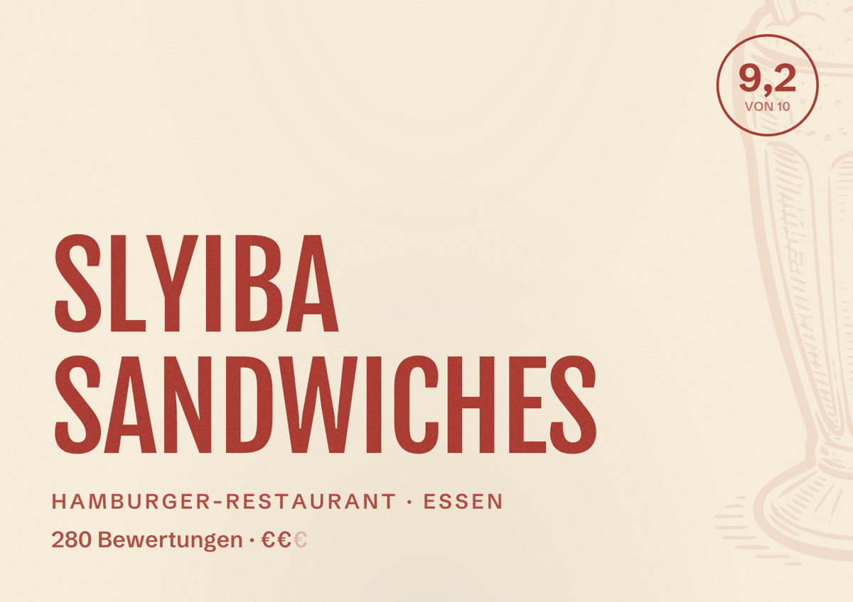 Illustriertes Poster von SLYIBA SANDWICHES, Hamburger-Restaurant in Essen: Bewertung 9,2 von 10 aus 280 Bewertungen, Preisniveau €€