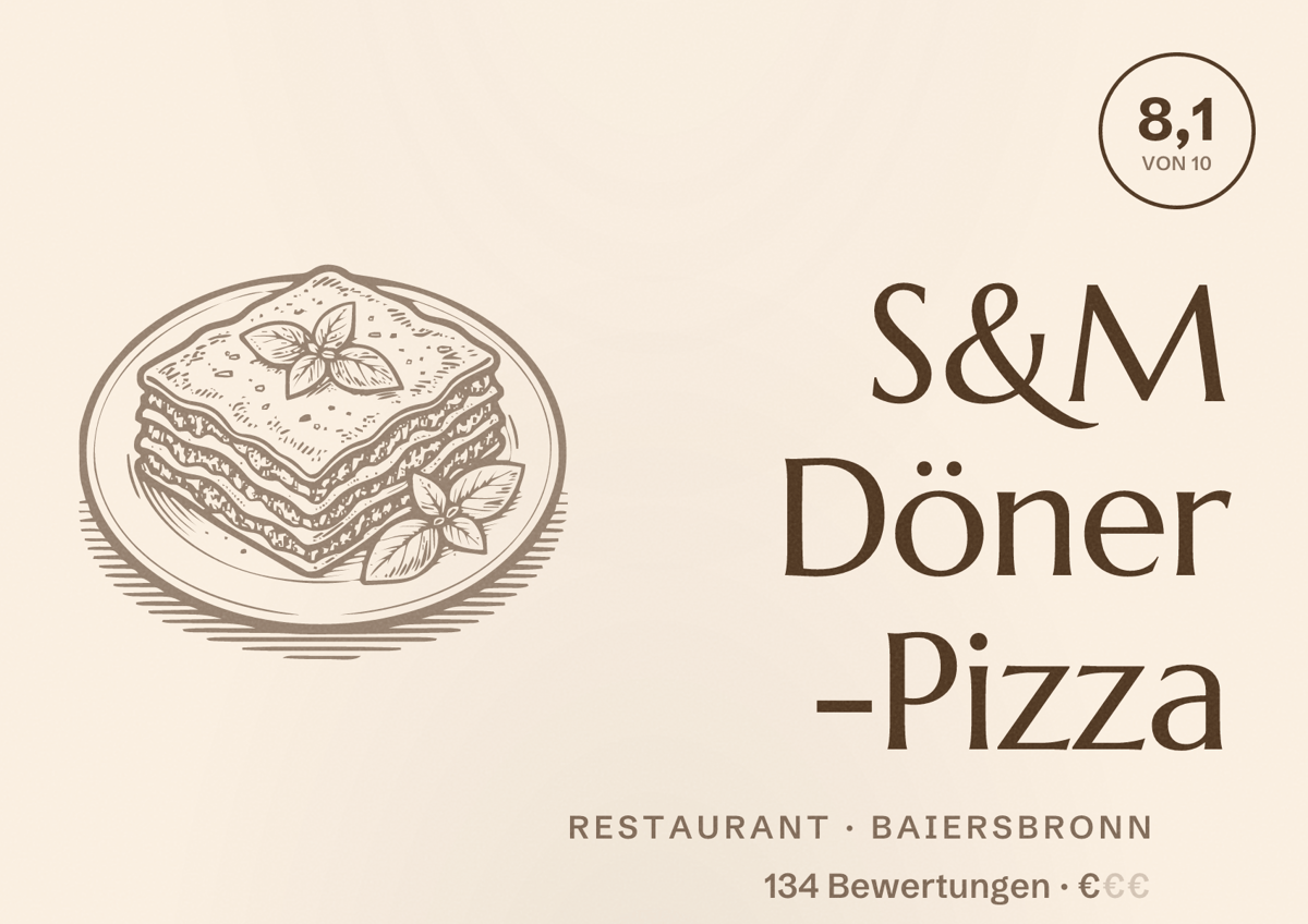 Illustriertes Poster von S&M Döner -Pizza, Restaurant in Baiersbronn: Bewertung 8,1 von 10 aus 134 Bewertungen, Preisniveau €